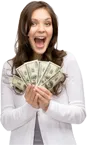 An excited woman holding cash in her hands