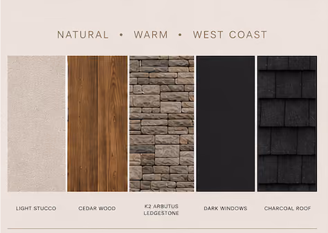 Rainstone Developments colour and materials swatches for west coast modern custom home