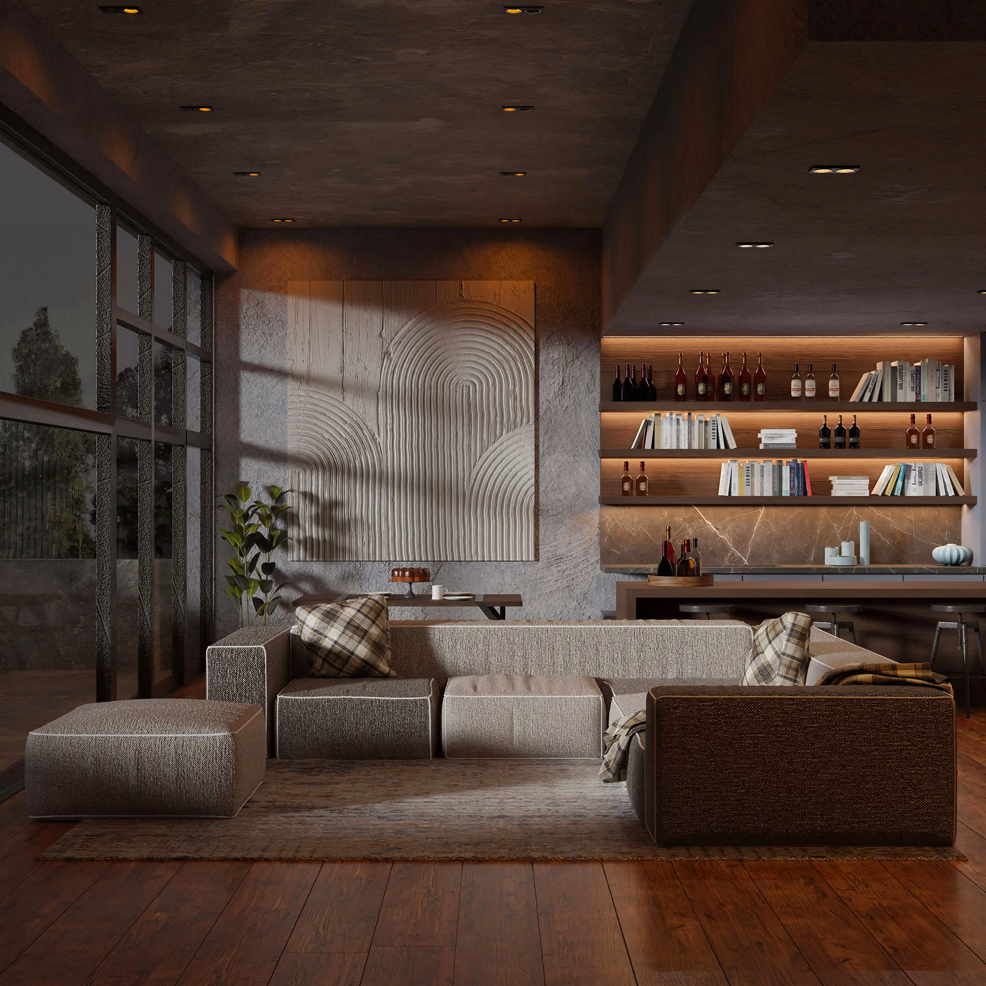 moody modern living room with warm wood, concrete, modern furniture and lighted shelving