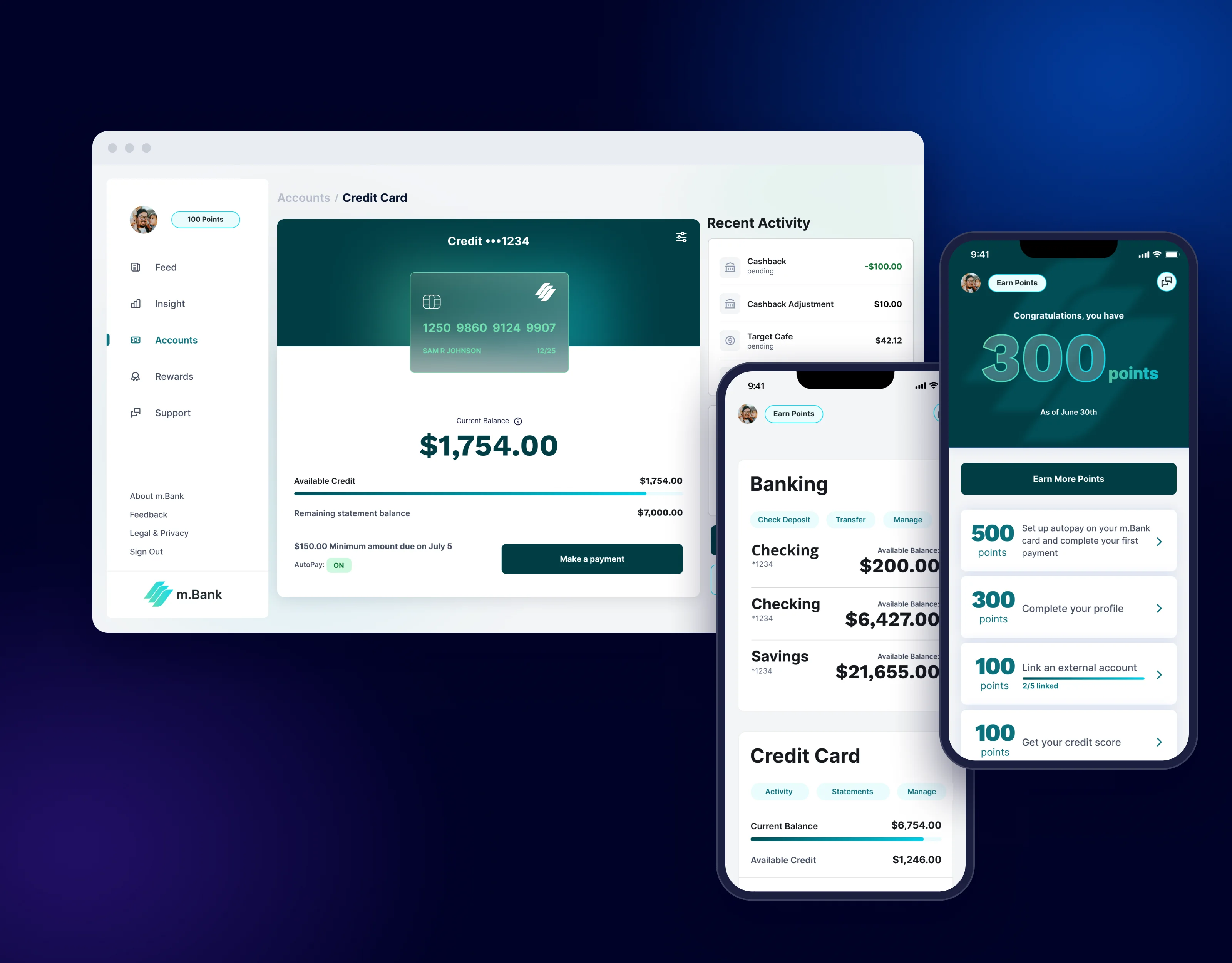 m.Bank System shown on a web credit card dashboard and two phones, accounts and rewards