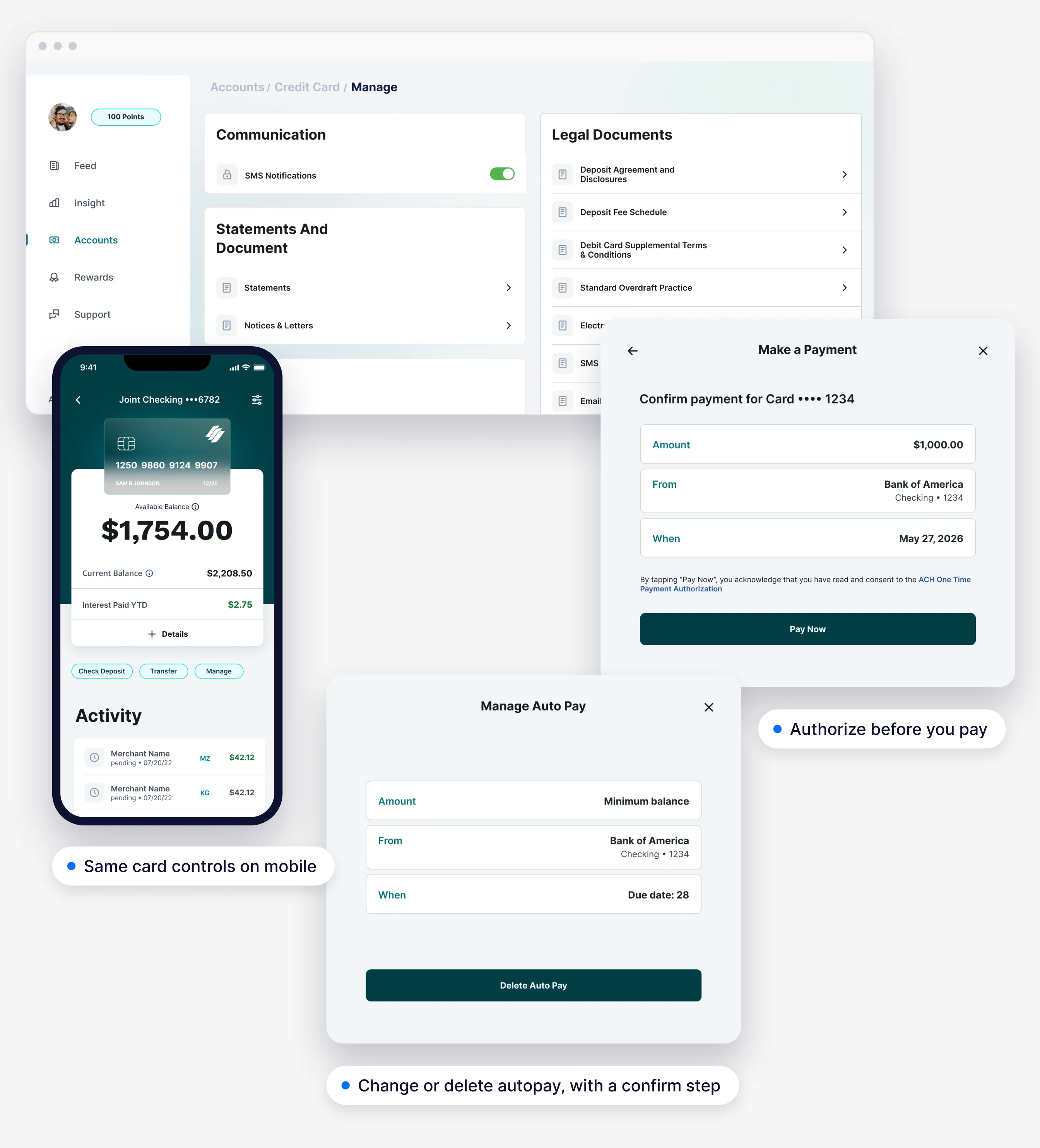Credit card on web and mobile, with the payment review and autopay dialogs shown in detail