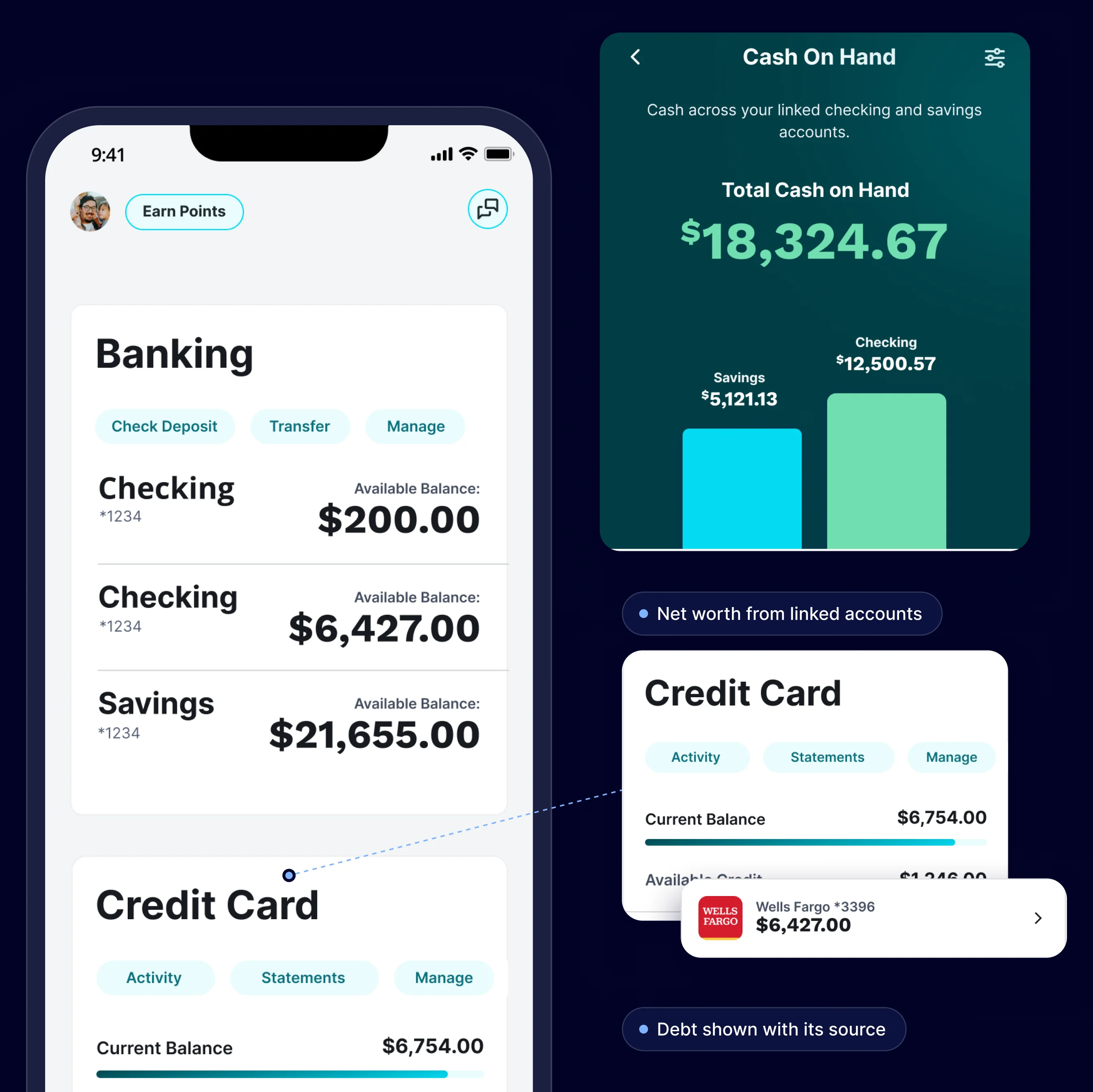 Everyday banking and Insight: an accounts screen with the cash on hand panel, credit card module and a linked debt account shown in detail