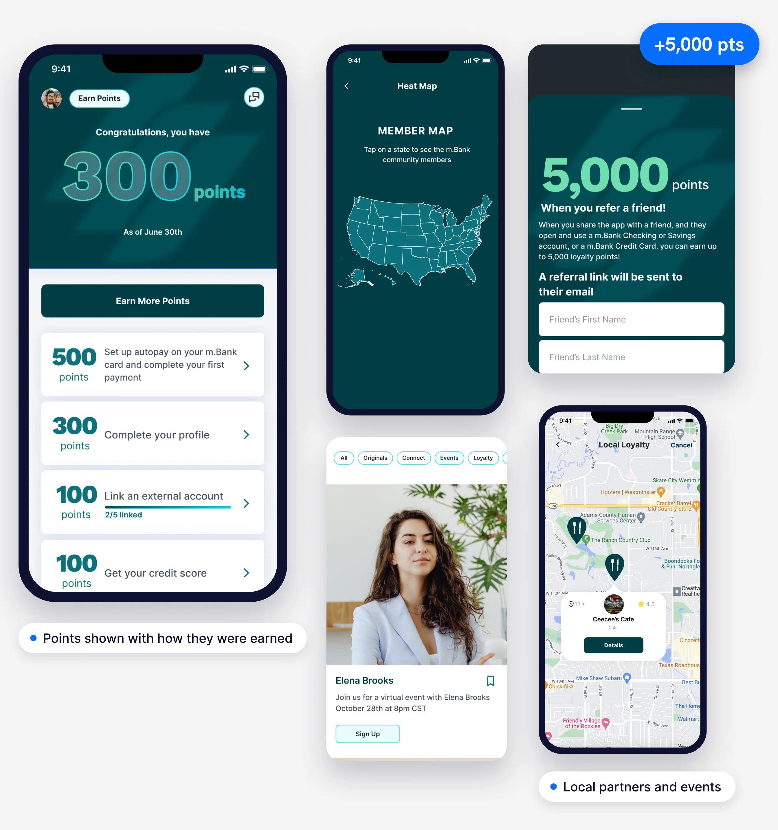 Rewards and community: points, referral, member map, local events and nearby partners