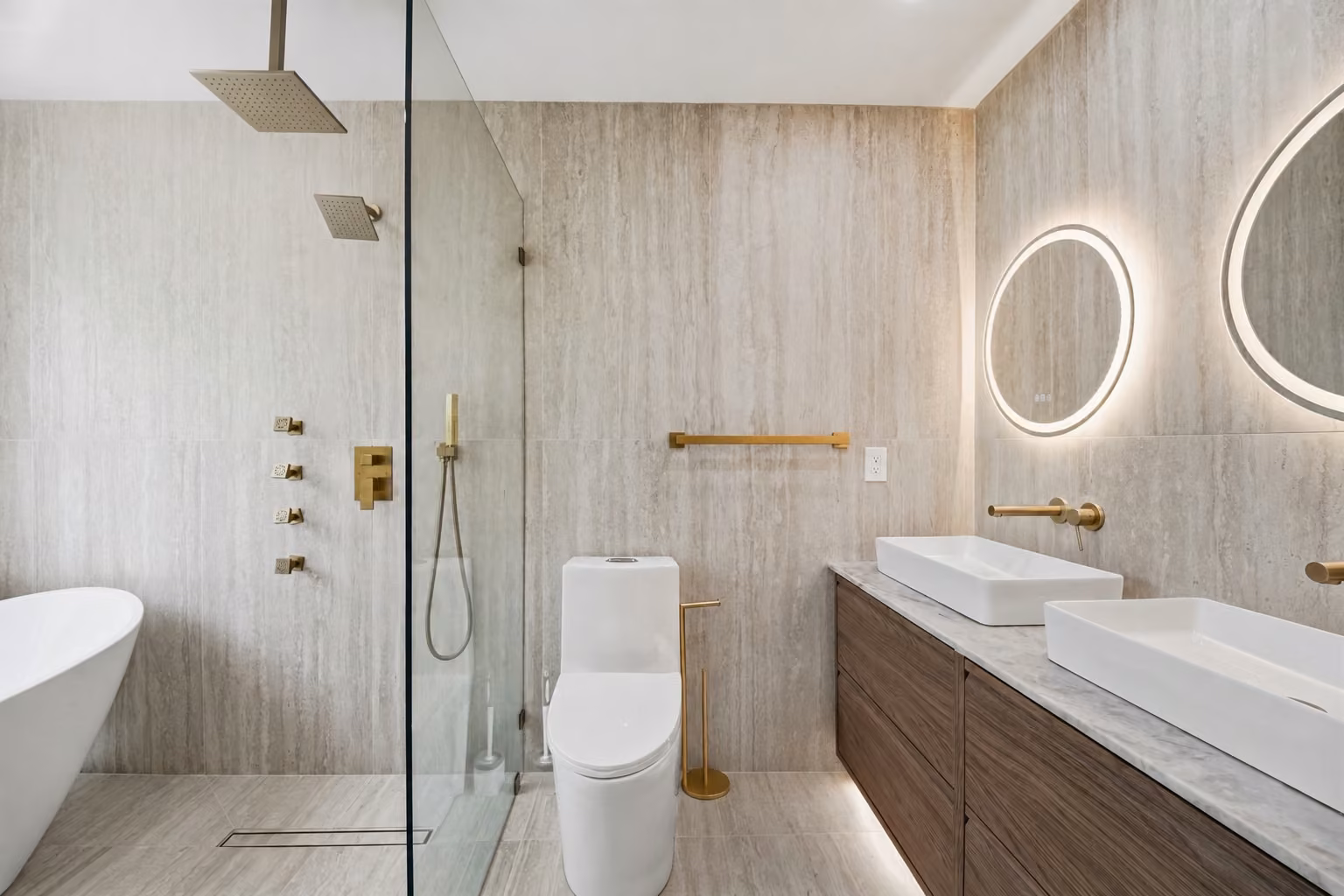 Contemporary bathroom with vanity and glass walk-in shower
