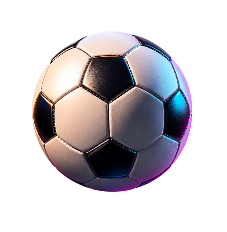 Classic black and white stitched soccer ball with a slight purple glow on edges.