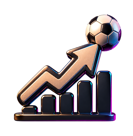 Black and gold bar chart with upward arrow topped by a soccer ball symbolizing sports growth.