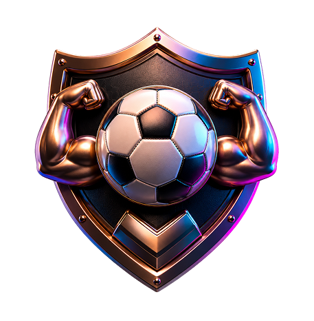 Shield emblem with a soccer ball and flexed muscular arms on each side against a black background.