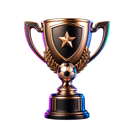 Shiny gold trophy with a star, laurel leaves, and a soccer ball on a black background.