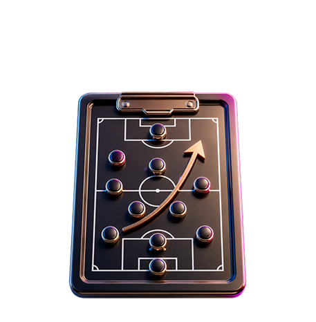 Clipboard showing soccer field with player markers and an arrow indicating a planned movement.
