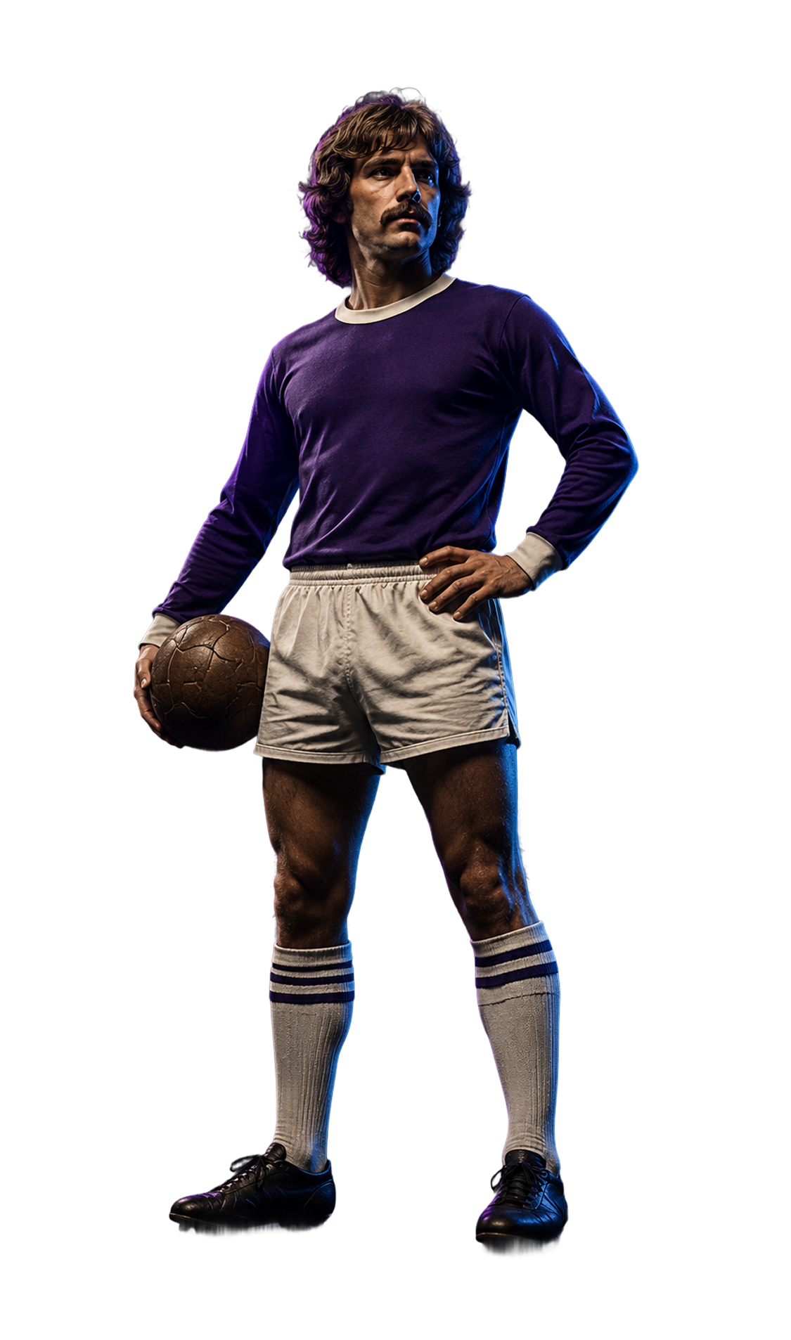 Man in vintage soccer gear holding an old leather ball, standing with one hand on hip.