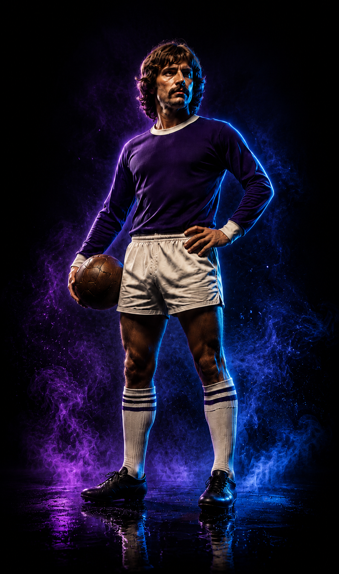 Retro soccer player in purple jersey and white shorts holding vintage ball against dark smoky background.
