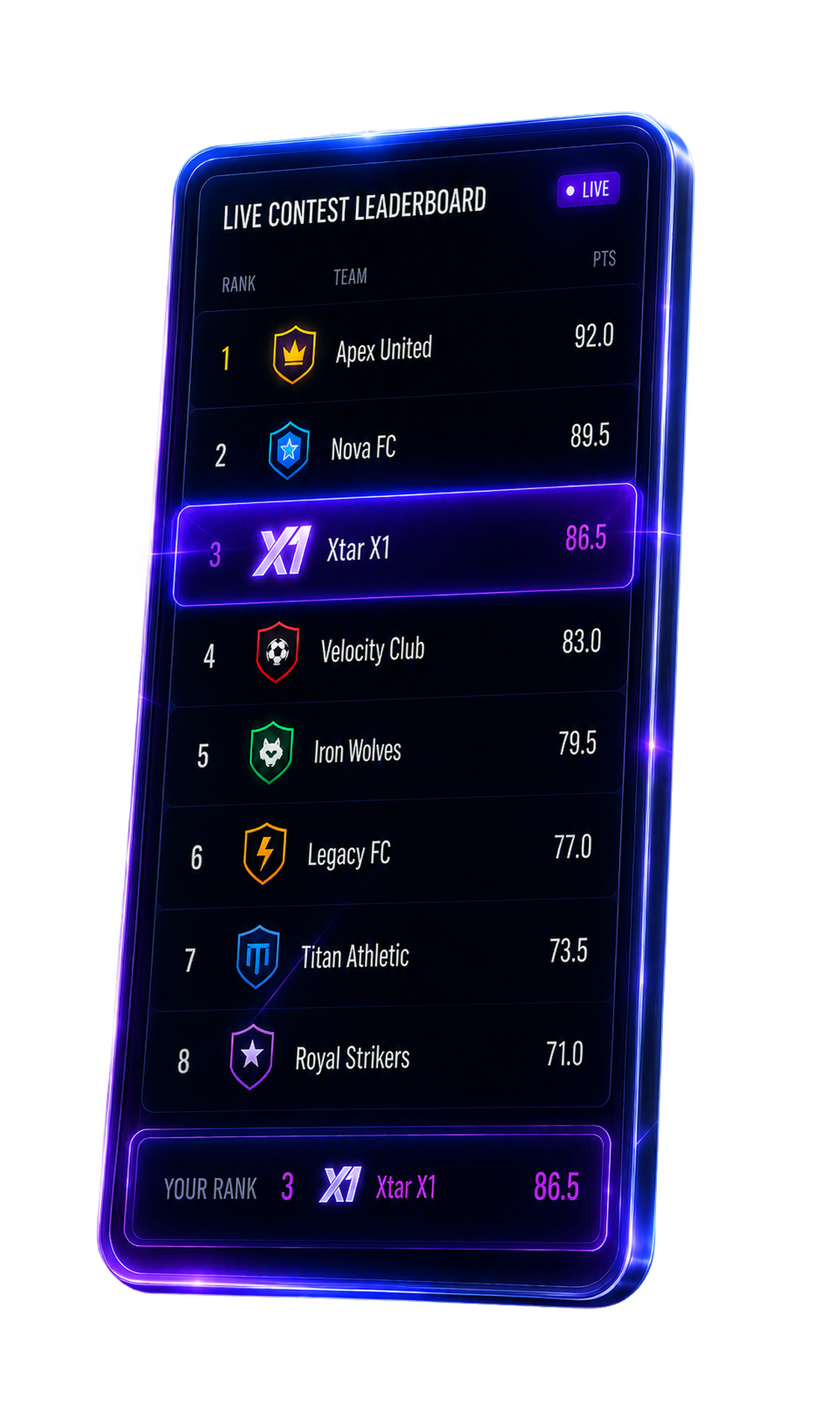 Mobile screen showing live contest leaderboard with Apex United first and Xtar X1 third with 86.5 points.