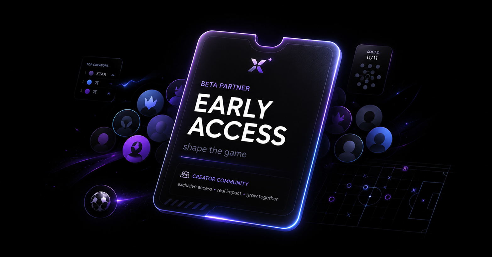 Glowing digital card with 'Beta Partner Early Access' surrounded by avatars and a soccer field diagram.