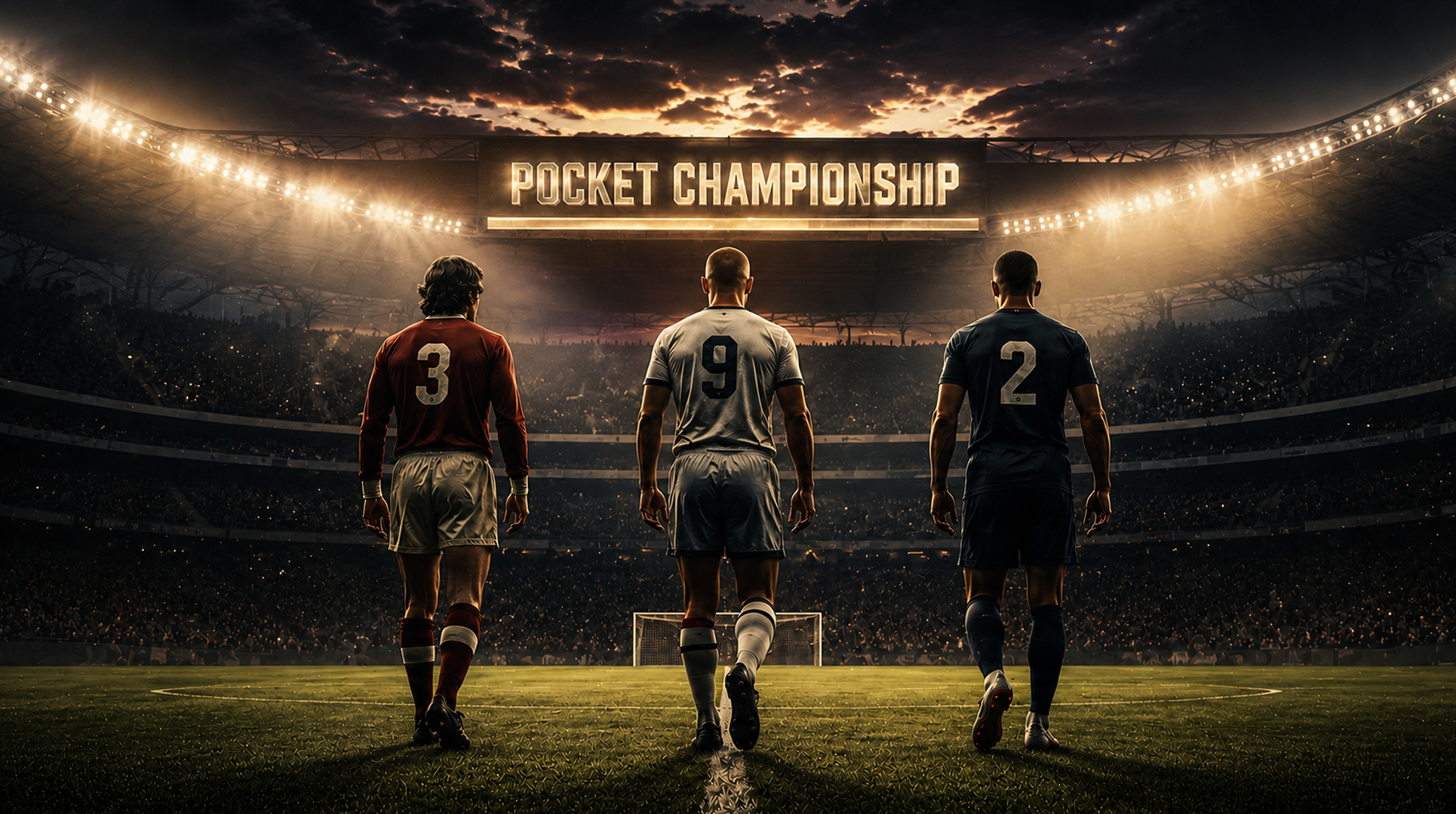 Three soccer players standing with backs facing a purple electric light background in a stadium.