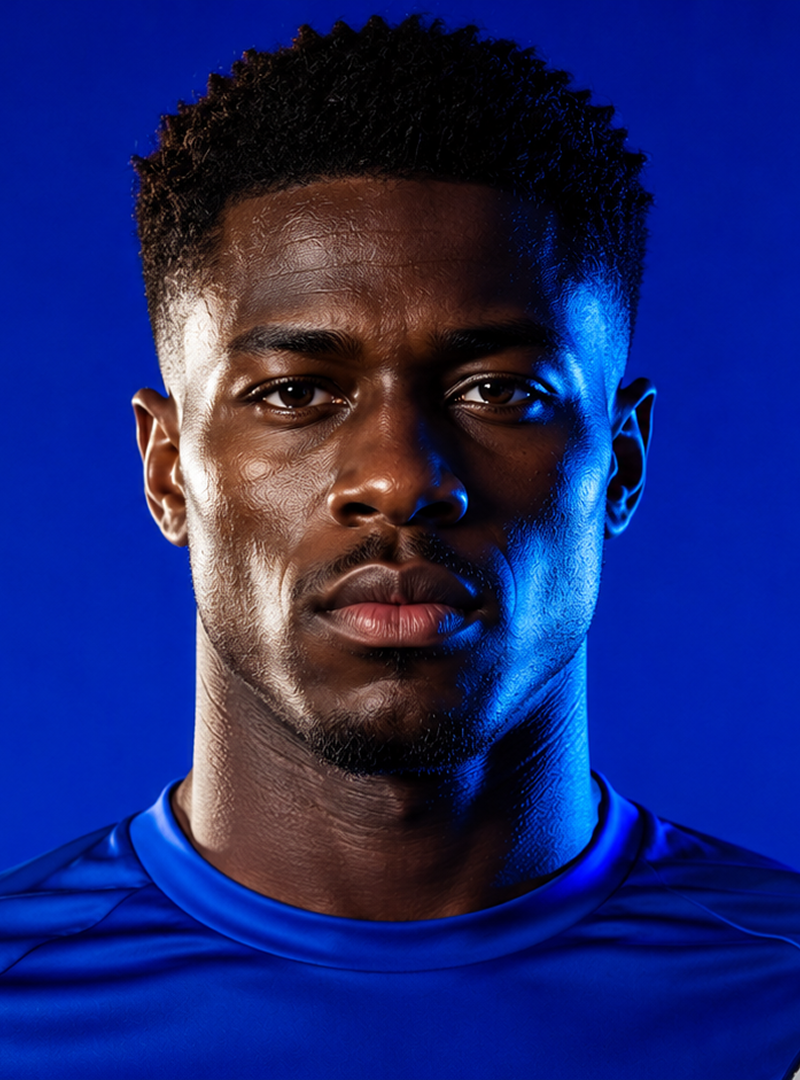 Serious male soccer player in blue jersey holding a soccer ball against a blue background.