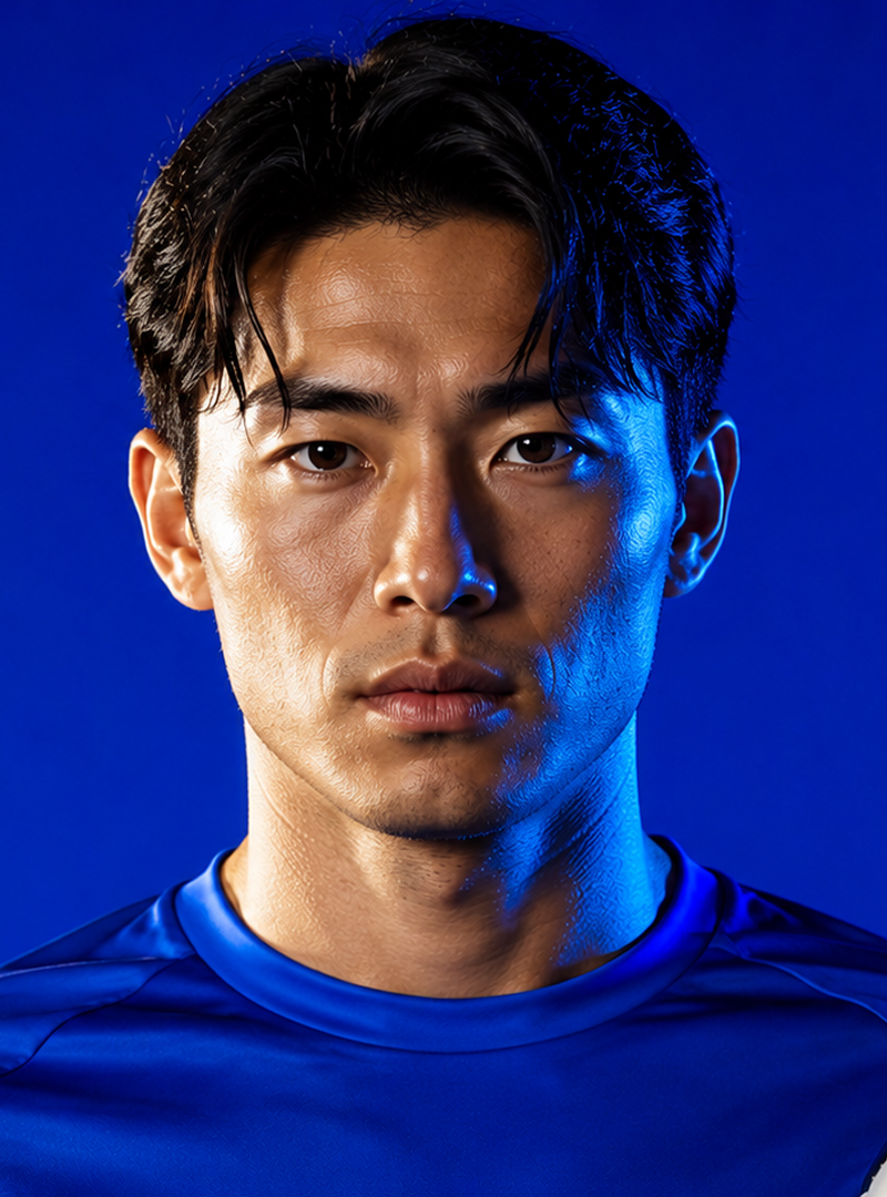 Serious young man in blue shirt holding a black and white soccer ball against a blue background.
