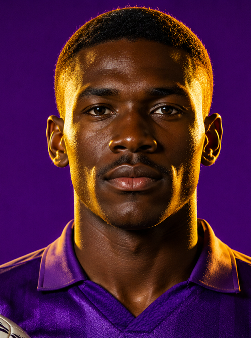Young male soccer player in purple jersey holding a white soccer ball against a purple background.