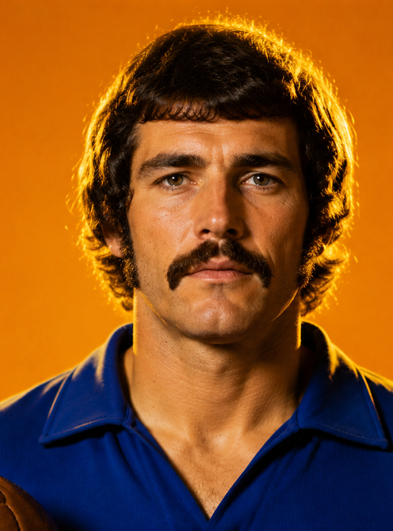 Man with thick mustache in blue shirt holding vintage brown leather soccer ball, orange background.