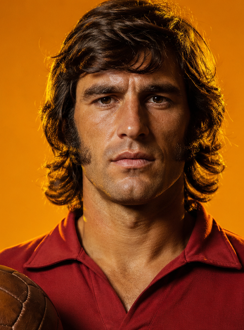 Man with 1970s hairstyle holds vintage brown leather soccer ball against orange background.