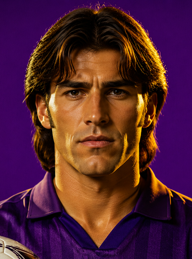 Man with medium hair in purple sports jersey holding a soccer ball against a purple background.