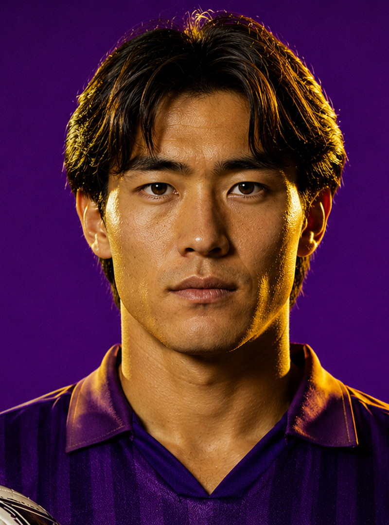 Close-up of male soccer player in purple jersey holding a white and black soccer ball.