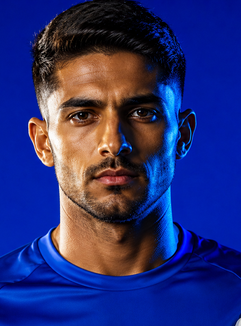 Serious male soccer player in blue shirt holding a black and white soccer ball against blue background.