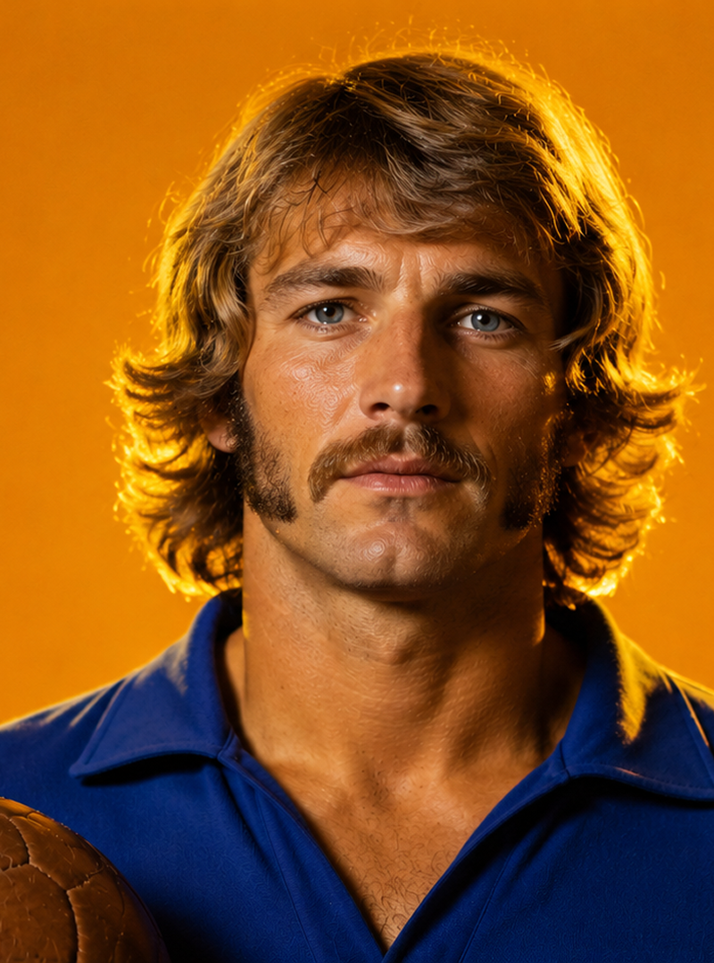 Man with 1970s hairstyle and mustache wearing blue shirt holding vintage brown soccer ball.