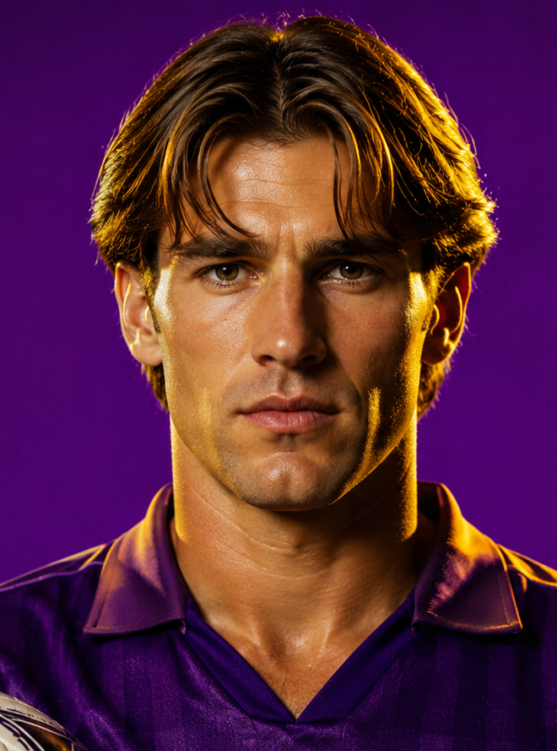 Man with brown hair in a purple jersey holding a soccer ball on a purple background.