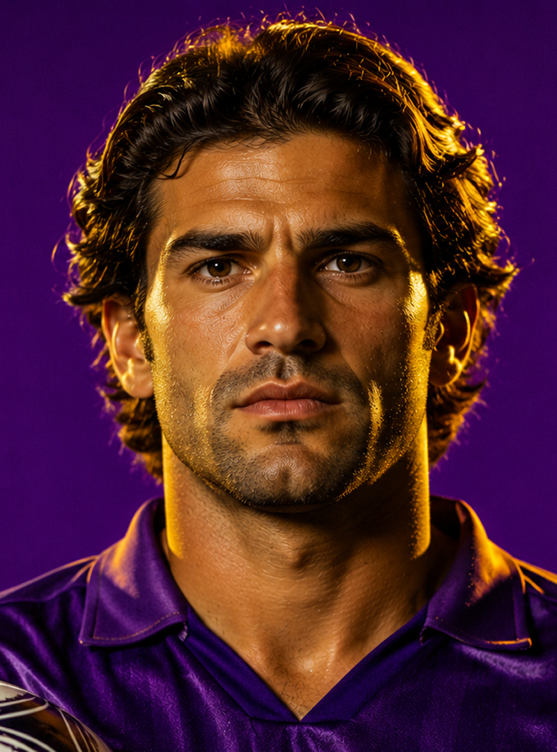 Serious male soccer player in purple jersey holding a ball against a purple background.
