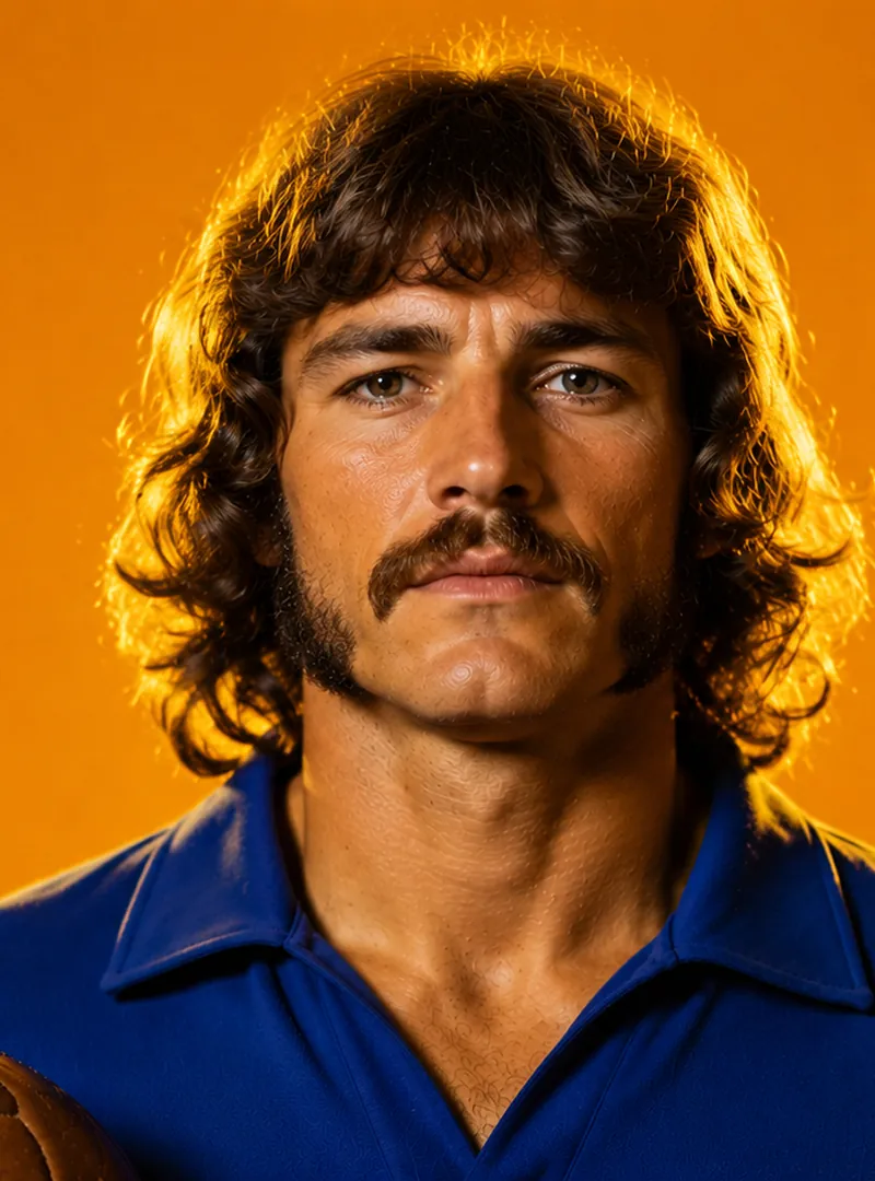 Man in blue shirt holding a vintage brown leather soccer ball against an orange background.