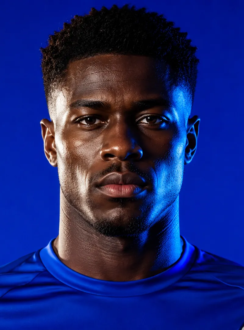 Serious male soccer player in blue jersey holding a soccer ball against a blue background.