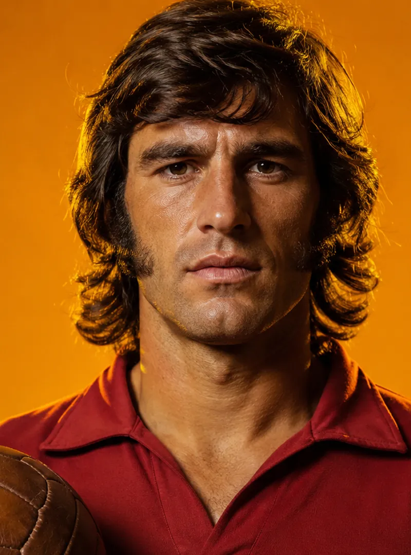 Man with 1970s hairstyle holds vintage brown leather soccer ball against orange background.