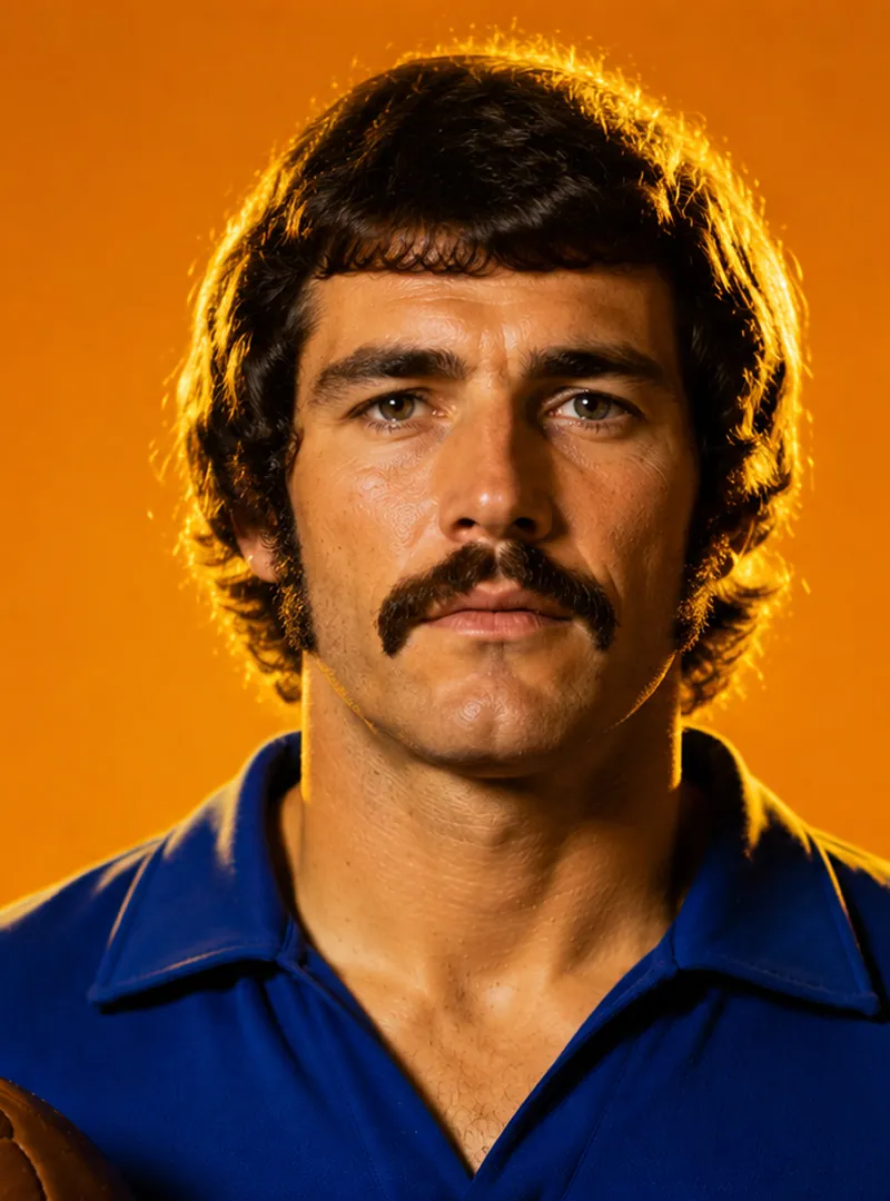 Man with thick mustache in blue shirt holding vintage brown leather soccer ball, orange background.