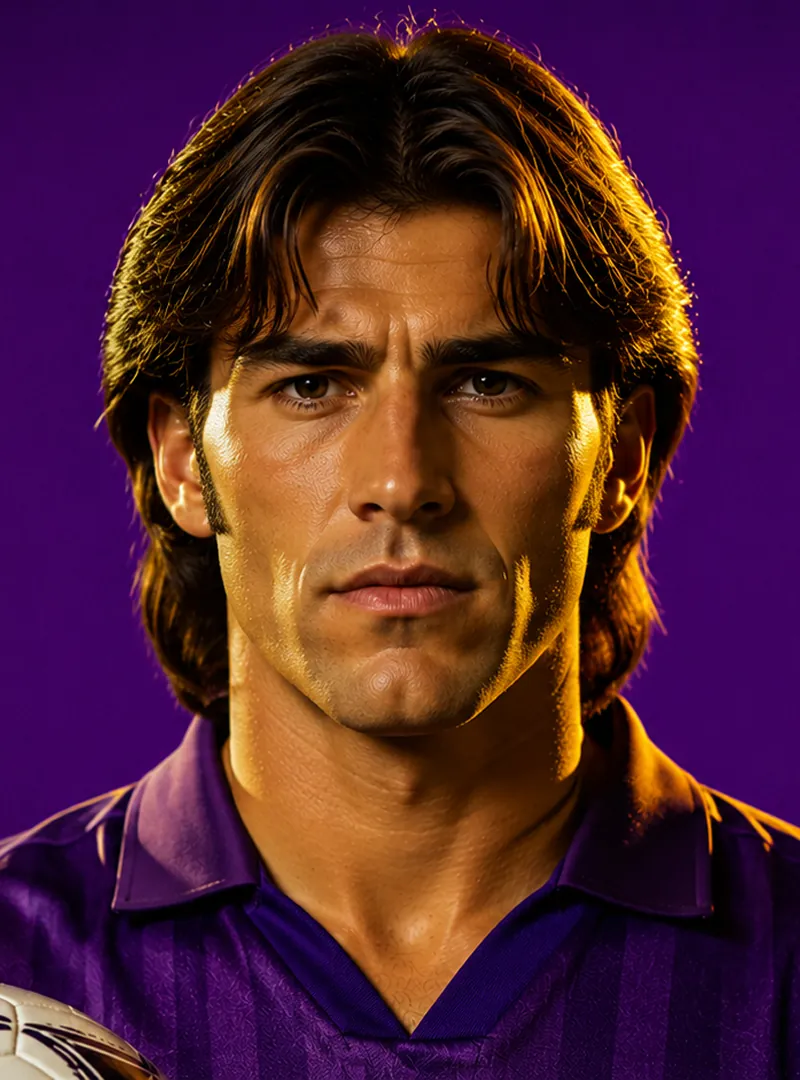 Man with medium hair in purple sports jersey holding a soccer ball against a purple background.