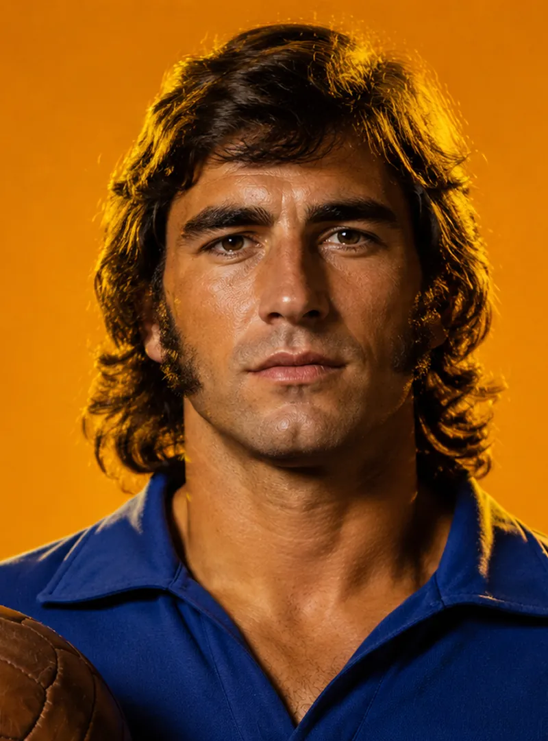 Man with curly brown hair, mustache, and sideburns wearing blue shirt holding a vintage leather soccer ball.