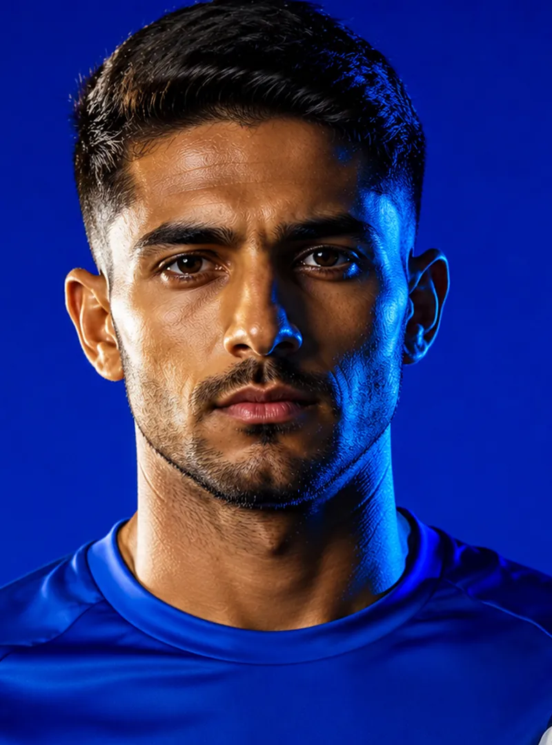 Serious male soccer player in blue shirt holding a black and white soccer ball against blue background.