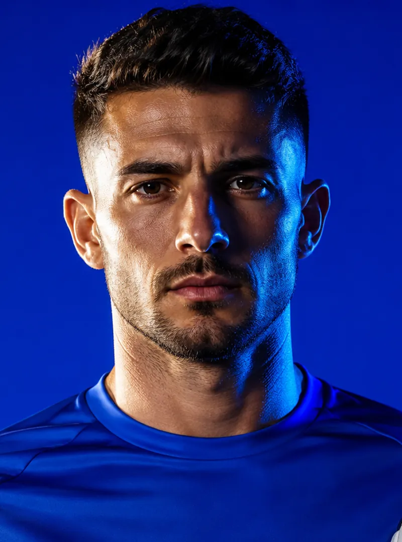 Serious male soccer player in blue shirt holding a soccer ball against a blue background.