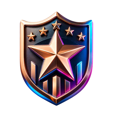 Metallic shield emblem with central large star, four smaller stars above, and five vertical bars below.