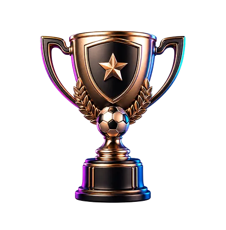 Shiny gold trophy with a star, laurel leaves, and a soccer ball on a black background.