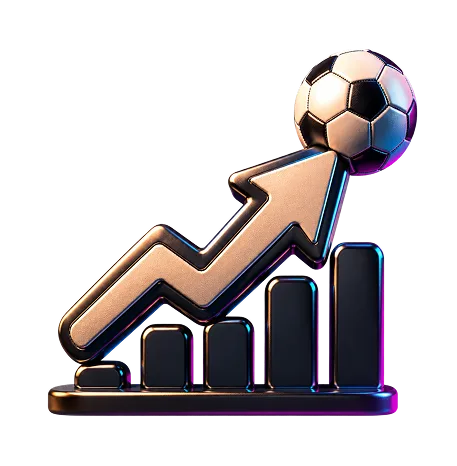 Black and gold bar chart with upward arrow topped by a soccer ball symbolizing sports growth.