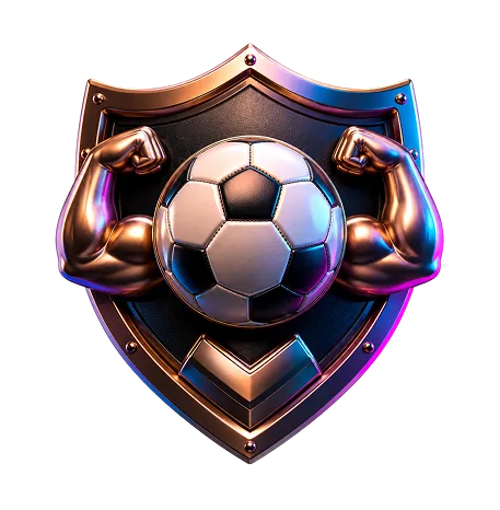 Shield emblem with a soccer ball and flexed muscular arms on each side against a black background.