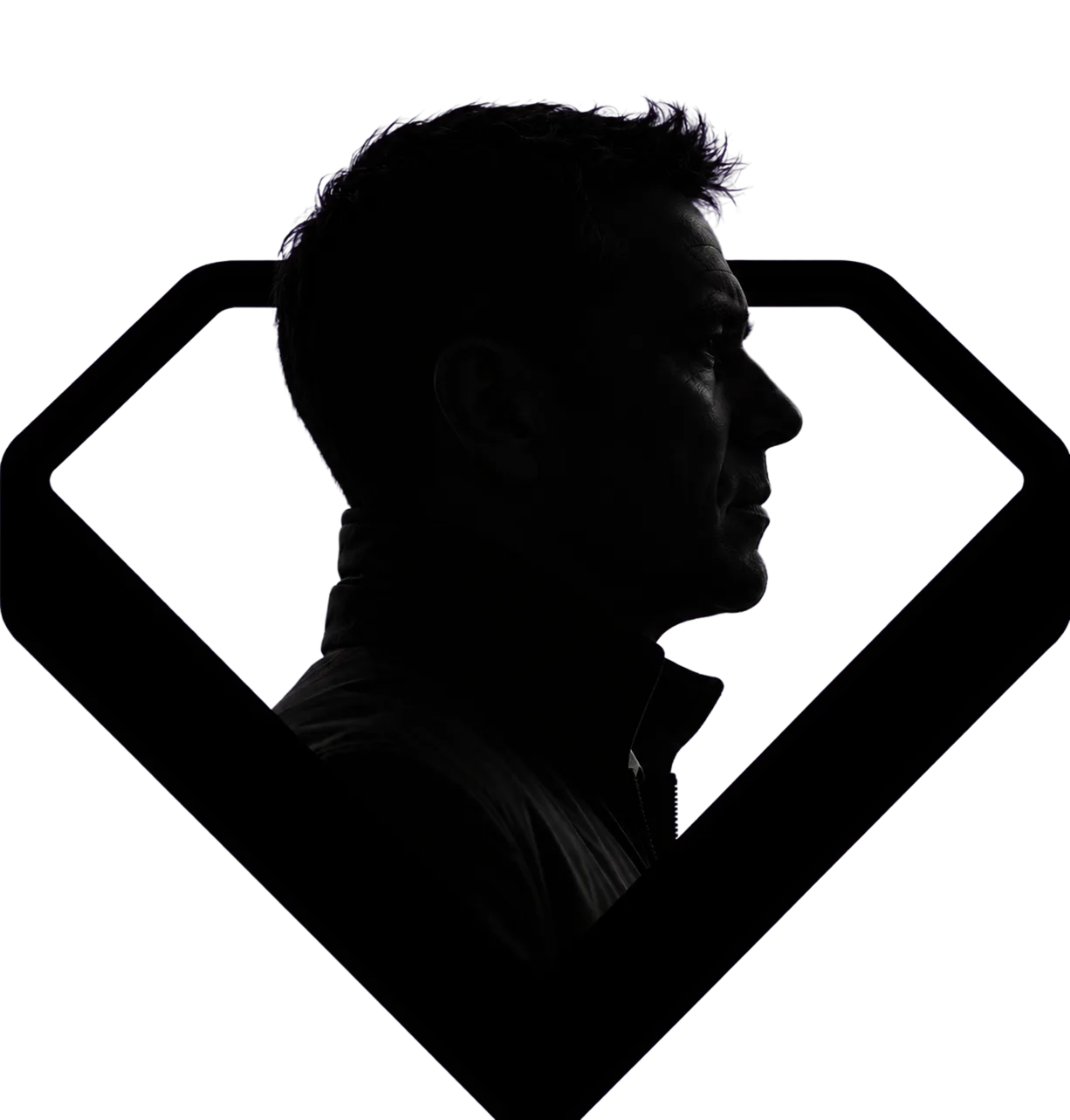 Silhouette of a man's side profile against a purple diamond-shaped background.