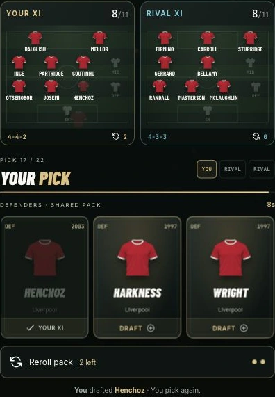 Draft Duel in the game: both teams at eight picks, with three player cards in the shared pack.
