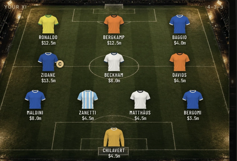 XTAR tournament squad screen with Ronaldo, Bergkamp, Baggio, Zidane, Beckham and Davids on the pitch.