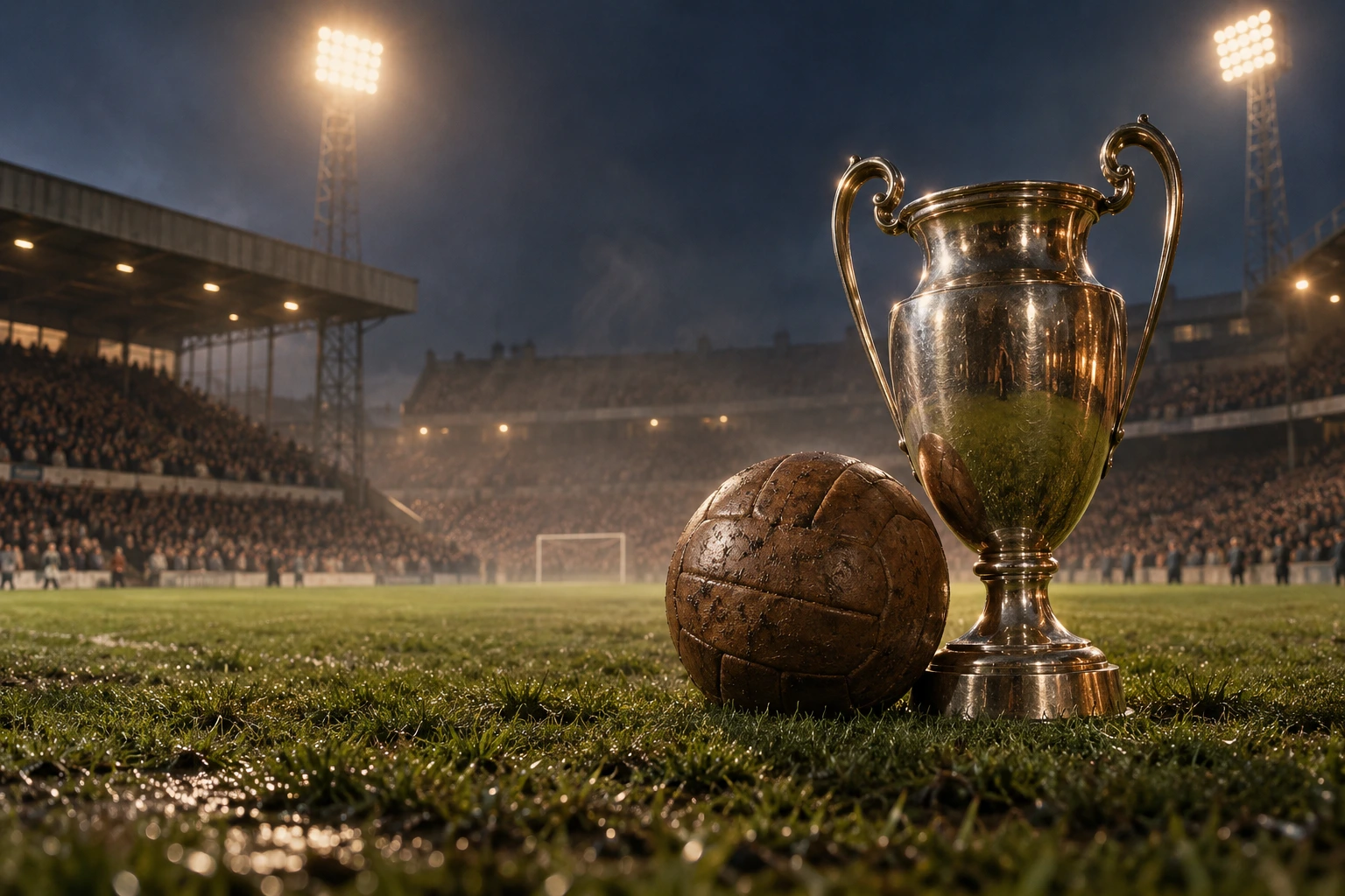 A vintage football and tournament trophy under historic stadium floodlights.