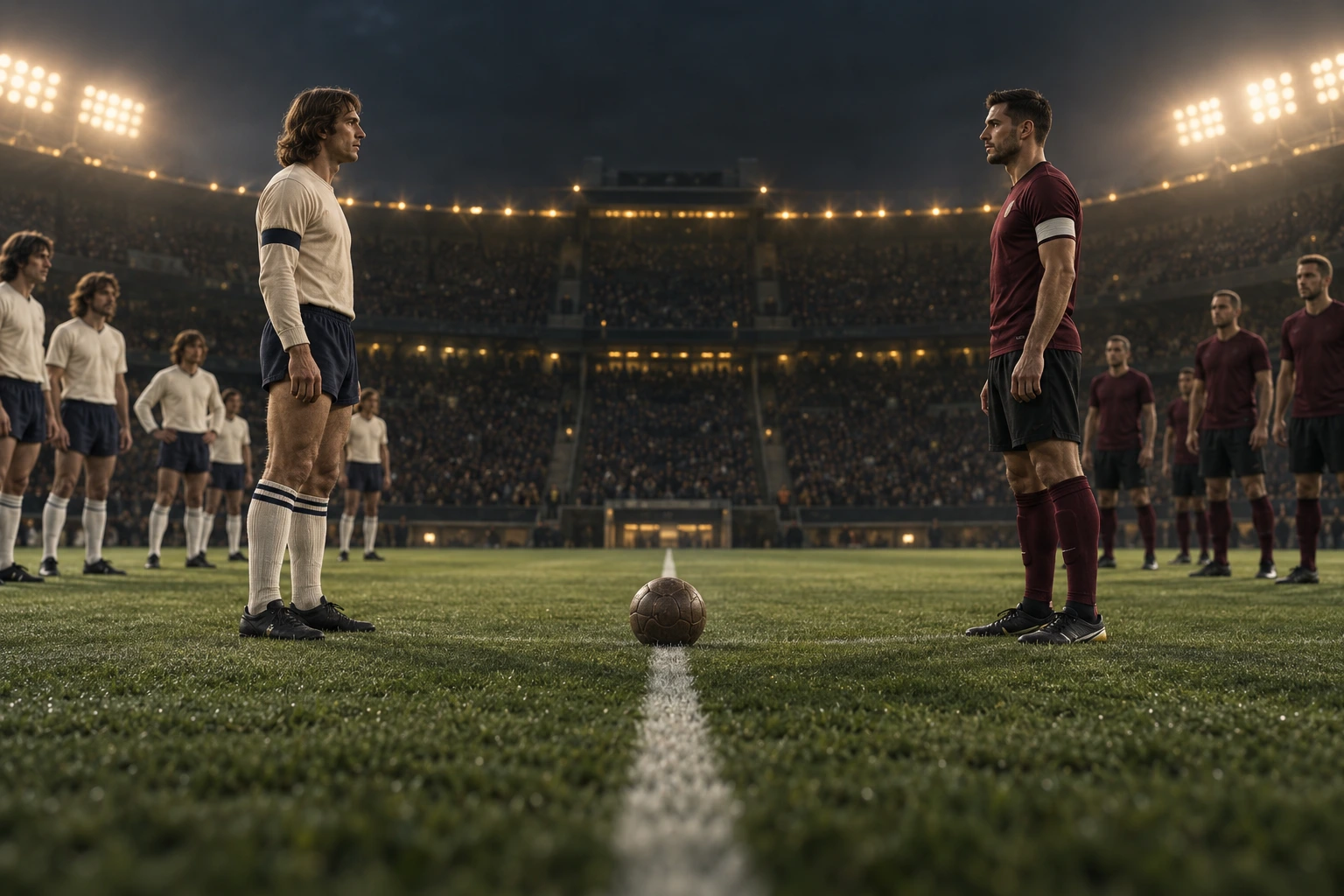 Football teams from two generations face each other across the halfway line.