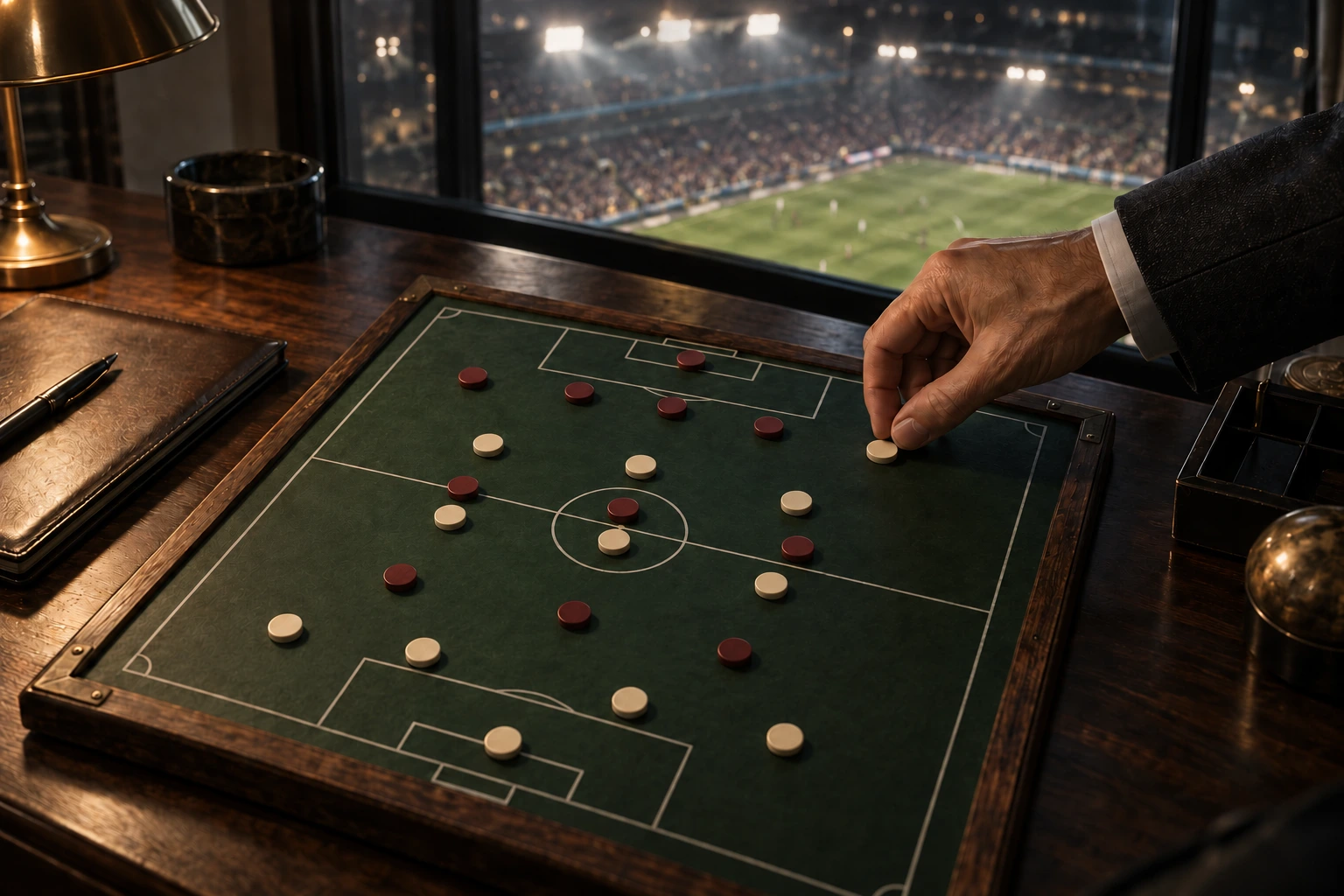 A manager places the final shirt on a football tactics board.