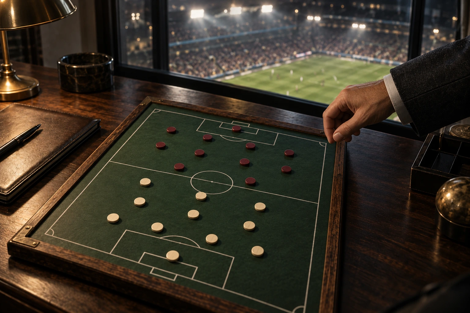 A manager’s tactics board with eleven cream players in 4-3-3 and eleven burgundy players in 4-4-2.