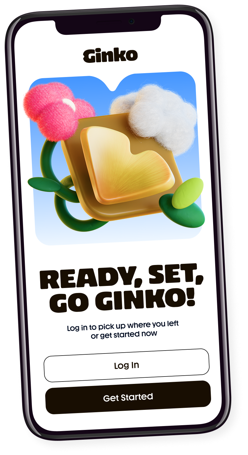 Phone screen showing Ginko app with buttons to log in or get started and colorful logo above text.