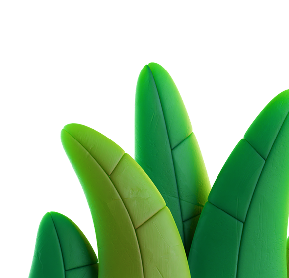 Close-up of stylized green leaves with visible veins and shading on a black background.